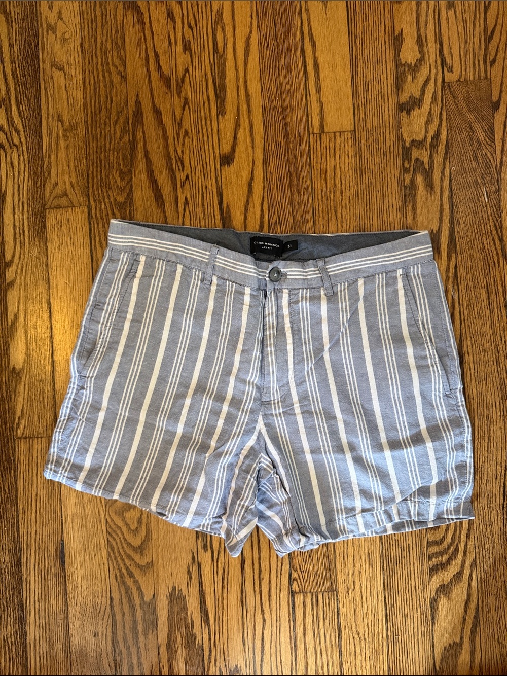 Club Monaco Light Blue and White Striped Flat-Front Men’s Shorts
